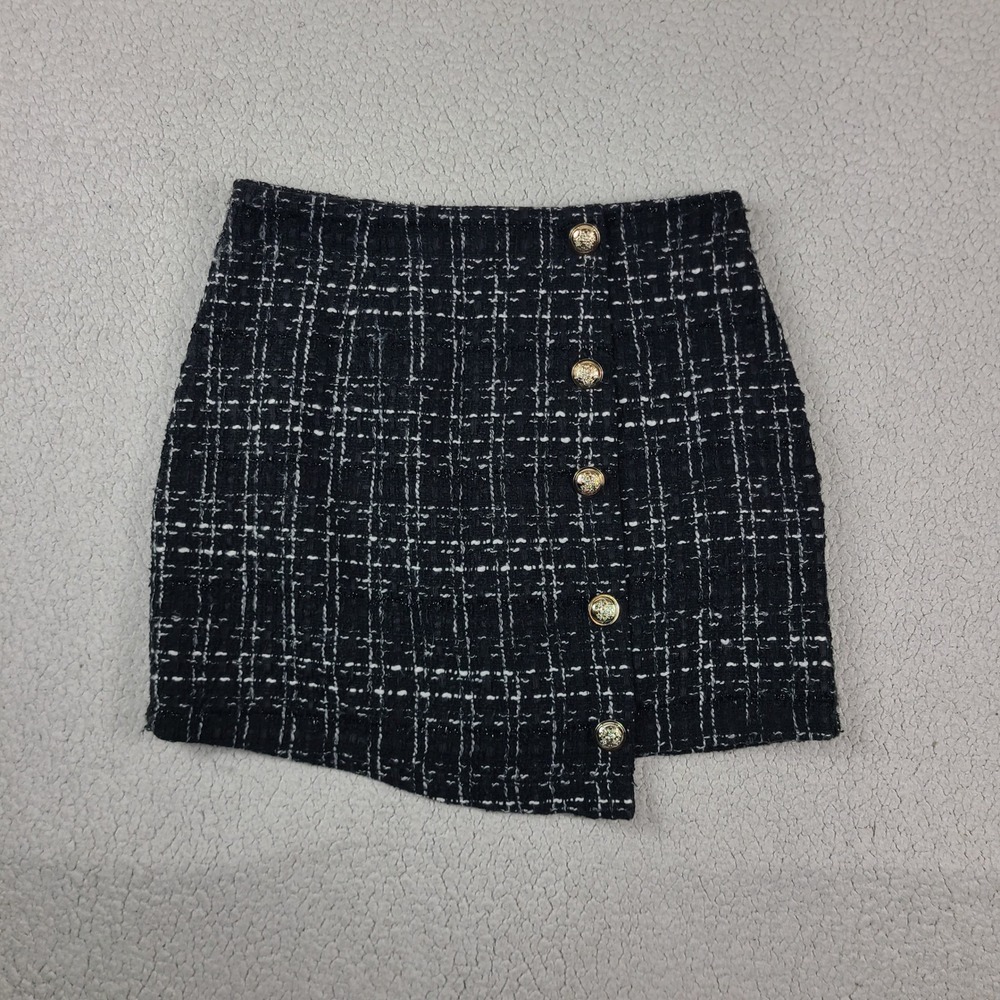 SHEIN Black White Tweed Mini Skirt Gold Button Asymmetrical Plaid Size S 4